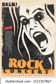 Rock concert poster design template with mad singer portrait. Man singing rock music event flyer layout. Rock festival vector illustration.