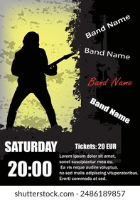 Rock Concert Poster with Long Haired Guitarist Grunge. Cultural event advertisement concept vector