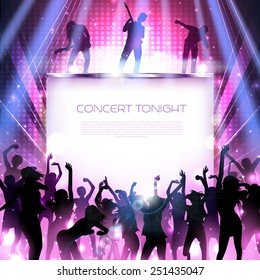 Rock concert stage with dancing silhouettes and band - vector