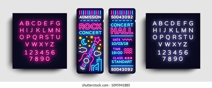 Plantilla de Diseño de entradas para conciertos de rock en estilo moderno de tendencia. Ilustración vectorial del Concierto, Estilo Neon, Banner ligero, Publicidad brillante para el Concierto, Festival. Vector. Editar signo de neón de texto