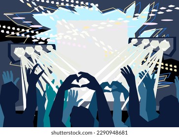 Rock concert, view of stage through crowd of fans with their hands up, flat vector illustration. Background for dance and music events posters and banners.