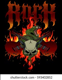 "Rock". Cover art poster design with flames, crossed guitars, rattle snake and horned skull. Good fore posters, t-shirt prints, stickers.