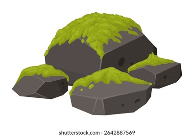 Rock cover with moss. Creeping moss on stone, moss lichen plants grows on grey rock flat vector illustration. Cartoon green moss grows on stone
