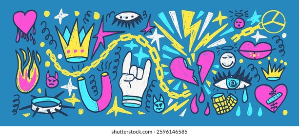 Rock crayon set. Punk breaking heart, demon and angel doodle background. Scribble grunge hand drawn poster elements. Devil horns and crown collage. Vector marker hand drawn wall art illustration.