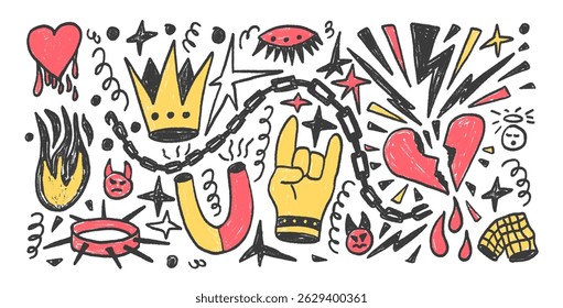 Rock crayon set. Punk breaking heart doodle background. Scribble grunge hand sign poster elements. Devil horns and crown. Vector marker hand drawn illustration.