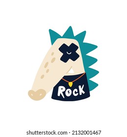Rock Crocodile. Vector cartoon character with a hayer in rock accessories and a t-shirt with a plectrum. Isolate illustration on white background for kids in funny doodle style