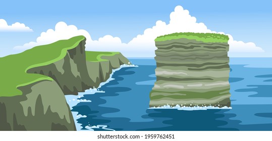 Rock Dan Bristy near Irish coast. Dun Briste sea stack. Landscape with fluffy clouds. Colorful ocean scenic view. Hand-drawn vector illustration. svg