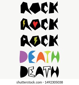 Rock death heart lightning music lettering logo icon sign symbol emblem Hand drawn Modern children's style design Fashion print clothes apparel greeting invitation card banner poster badge flyer font