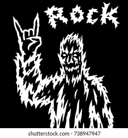 The rock demon gestures with the fingers of the horn. Vector illustration. Genre of horror. Scary rock'n'roll character.