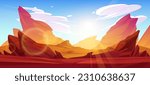 Rock desert cartoon vector landscape background. Canyon boulder formation panoramic game illustration. Dry wild empty rocky cliff construction in utah usa. American wilderness scene with sun light ray