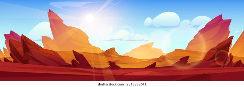 Antecedentes de los vectores de dibujos animados del desierto del roca. Ilustración panorámica de la formación de rocas de cañón. Construcción de un acantilado rocoso seco y salvaje en utah, estados unidos. Escena de la selva americana con rayos de luz solar