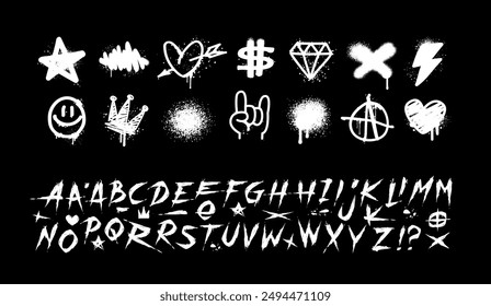 Rock doodle signs of Street Art Graffiti tags: heart, diamond, star, rock, crown - colorful vector on black background. Graffiti and Rock'n'Roll Doodle collection with Font Type in dirty grunge style