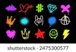 Rock doodle symbols of Street Art Graffiti elements: heart, diamond, star, rock, crown - colorful vector on black background. Graffiti and Rock n Roll Doodle icons and elemets in street art  style (3)