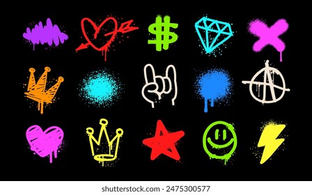 Rock doodle symbols of Street Art Graffiti elements: heart, diamond, star, rock, crown - colorful vector on black background. Graffiti and Rock n Roll Doodle icons and elemets in street art  style (3)