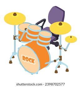 Rock drum icon isometric vector. Percussion musical instrument near office chair. Music concept