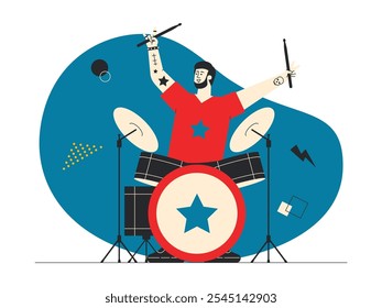 Baterista de Rock con ambas manos levantadas sosteniendo las baquetas y formando un símbolo de paz, vistiendo una camiseta roja con estrellas y teniendo un tatuaje en el brazo, Ilustración vectorial de rock n' roll.