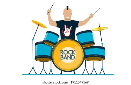 Rock drummer isolated on white background. Rock n roll band. The musician plays the drums. Flat vector illustration