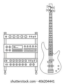 Rock electric bass guitar and amplifier for concerts and festivals outlined and in black and white