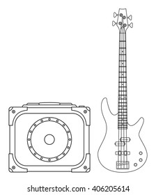 Rock electric bass guitar and amplifier for concerts and festivals outlined and in black and white