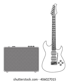 Rock electric guitar and amplifier for concerts and festivals outlined and in black and white