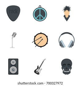 Rock equipment icon set. Flat set of 9 rock equipment vector icons for web isolated on white background