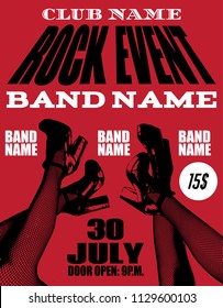 Rock event poster. Vector hand drawn illustration of female legs. Template for card, poster. banner, print for t-shirt, pin, badge, patch.