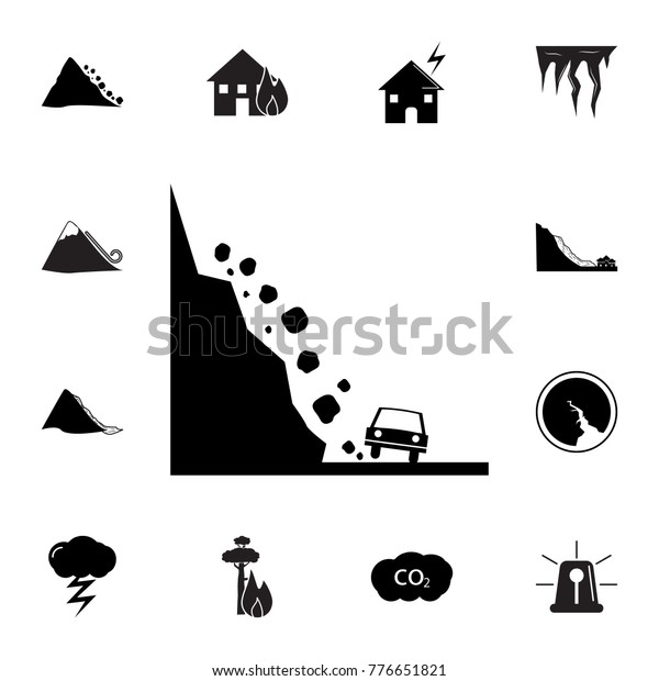rock fall car icon. Set of\
natural disasters icon. Signs and symbols collection, simple icons\
for websites, web design, mobile app, info graphics on white\
background
