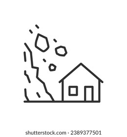 Rock fall, linear icon. Rocks are falling on the house. Warning. Line with editable stroke