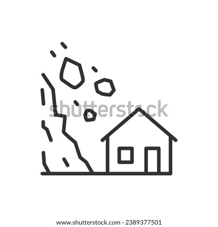 Rock fall, linear icon. Rocks are falling on the house. Warning. Line with editable stroke