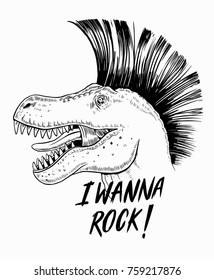 Futbolista de dinosaurios de rock con I want Rock! eslogan gráfico, para camisetas y otros usos.