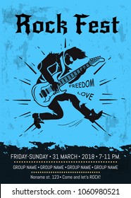 Rock fest advertising poster with musician playing on electrical guitar. Vector illustration of announcement of event with room for information about festival