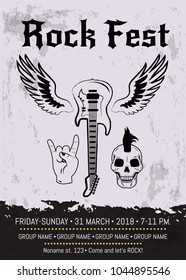 Rock fest announcement with guitar surrounded by wings and sign of horns. Vector illustration with icons of rock symbols and room for information about party
