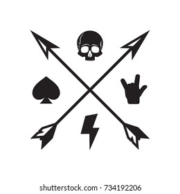 Rock fest badge/Label. Crossed arrows with skull, spade, rock hand and lightning bolt . For signage, prints and stamps.