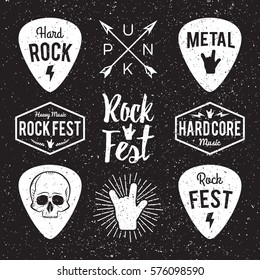 Rock Fest Badge/Label Grunge Vector Set. For Band Signage, Prints And Stamps. Black Festival Hipster Logo With Guitars, Skull And Hand