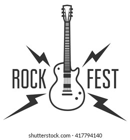 Rock fest badge/Label. For signage, prints and stamps. Rock festival hipster logo with electric guitar and lightning bolts