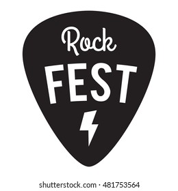 Rock fest badge/Label. For signage, prints and stamps. Guitar pick/mediator. Rock music festival logo with lightning bolt