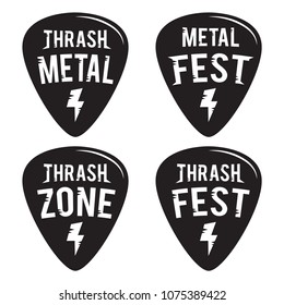 Rock fest badge/Label vector set. Thrash zone. Rock music hipster logo guitar pick mediators. For thrash metal band festival signage, prints and stamps