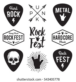 Rock Fest Badge/Label Vector Set. For Band Signage, Prints And Stamps. Black Festival Hipster Logo With Guitars, Skull And Hand