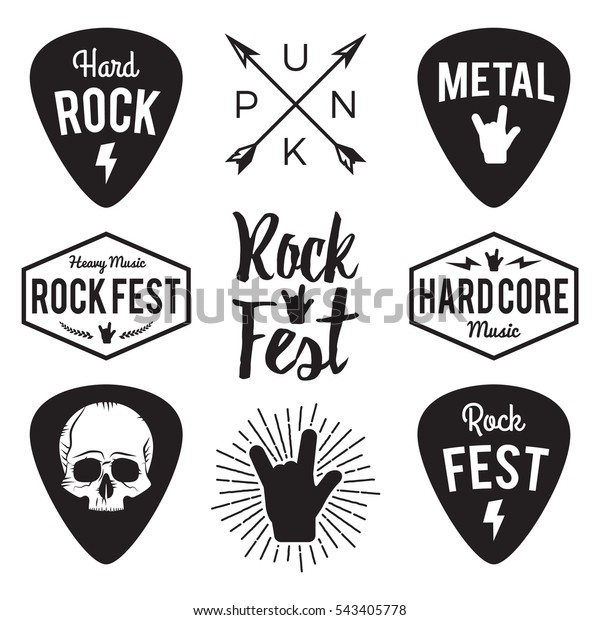 Rock fest badge/Label vector set. For band signage,\
prints and stamps. Black festival hipster logo with guitars, skull\
and hand