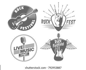 Rock Fest Badges. Vintage Vector Logos For Rock Concert Of Live Music Show