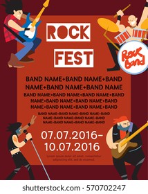 Rock fest banner with music group. Music party invitation. Concept of artistic people vector illustration. Singer, guitarist, drummer and bassist characters performs. Rock star. Festival poster.