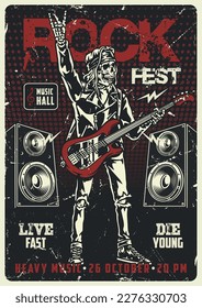 Rock fest colorful vintage poster with speakers and skeleton with guitar performing at heavy metal concert vector illustration