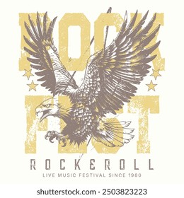 Cartel del festival de Rock y Roll Music del Rock. Obra de arte de la gira mundial de música.  Obra de arte de Vector Rockstar, salvaje y libre, Rock y rollo diseño de camiseta de Vector. Fuego con ilustraciones de águila.