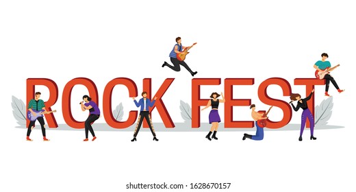 Rock fest flat color vector illustration. Musical performance. Cartoon characters on white background. Music festival word concepts banner. Isolated typography. Vector illustration