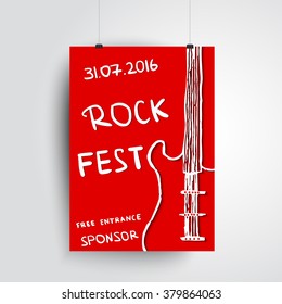 Rock fest. Hand drawn illustration. Design with guitar and place for text. Poster for your concert, festival, promotion, advertisement