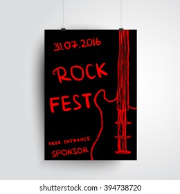 Rock fest. Hand drawn illustration. Design with guitar and place for text. Poster for your concert, festival, promotion, advertisement