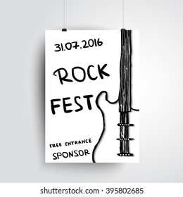 Rock fest. Hand drawn illustration. Design with guitar and place for text. Poster for your concert, festival, promotion, advertisement