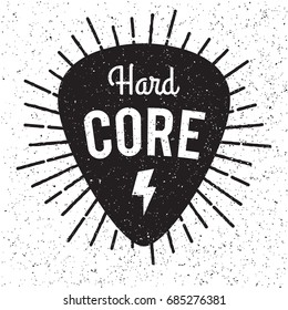 Rock fest Hardcore badge/Label. Guitar pick/mediator with light rays. For signage, prints and stamps. Hardcore music