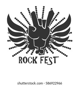Rock fest icon logo design in black and white colors. Symbol of freedom. Hand in rock n roll devil sign with black wings vector illustration in flat style design, creative logotype for festival