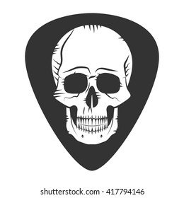 Rock fest logo band badge. Guitar pick. Mediator with skull. Heavy music festival stuff